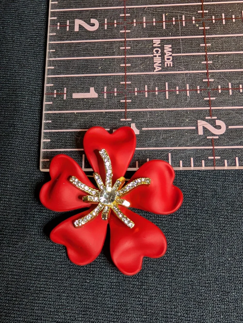 Red Floral Crystal Accented Brooch Pin - Women Jewelry